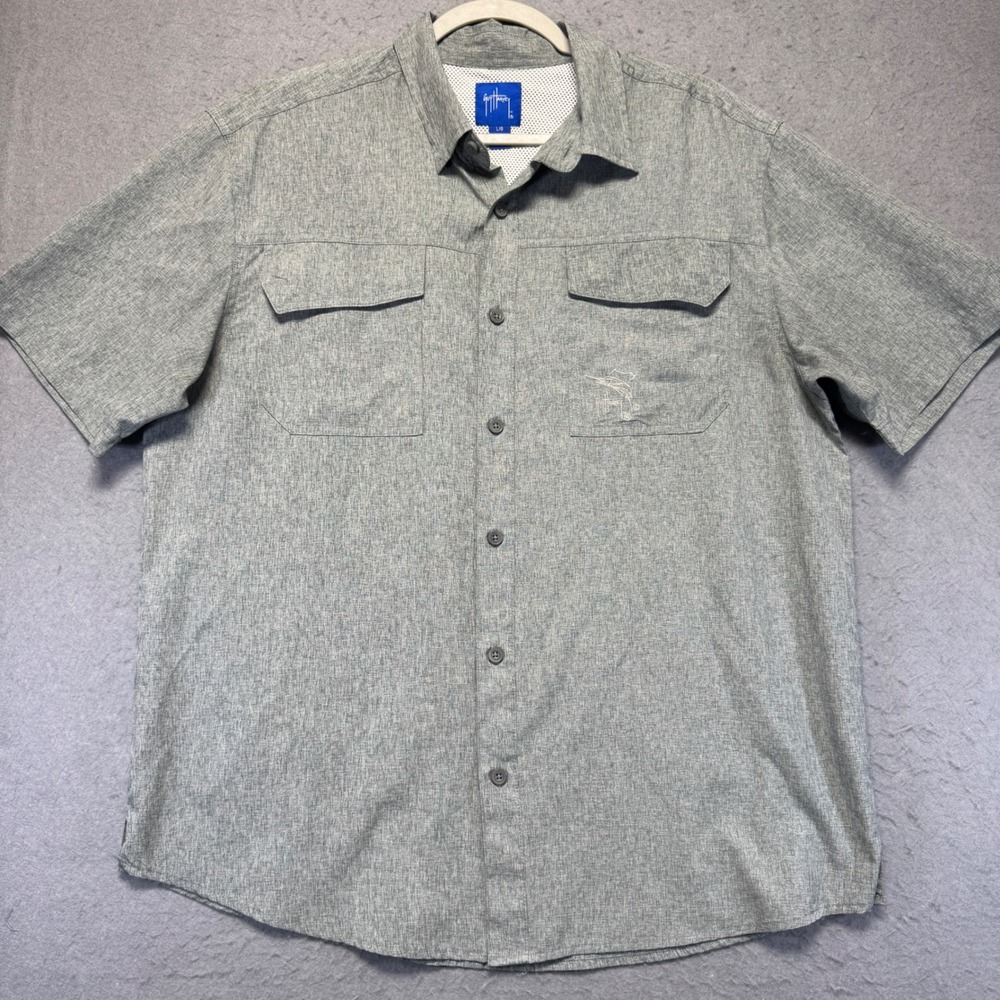 Guy Harvey Mens Large Gray Short Sleeve Vented Button Up Shirt Fishing‎ Graphic
